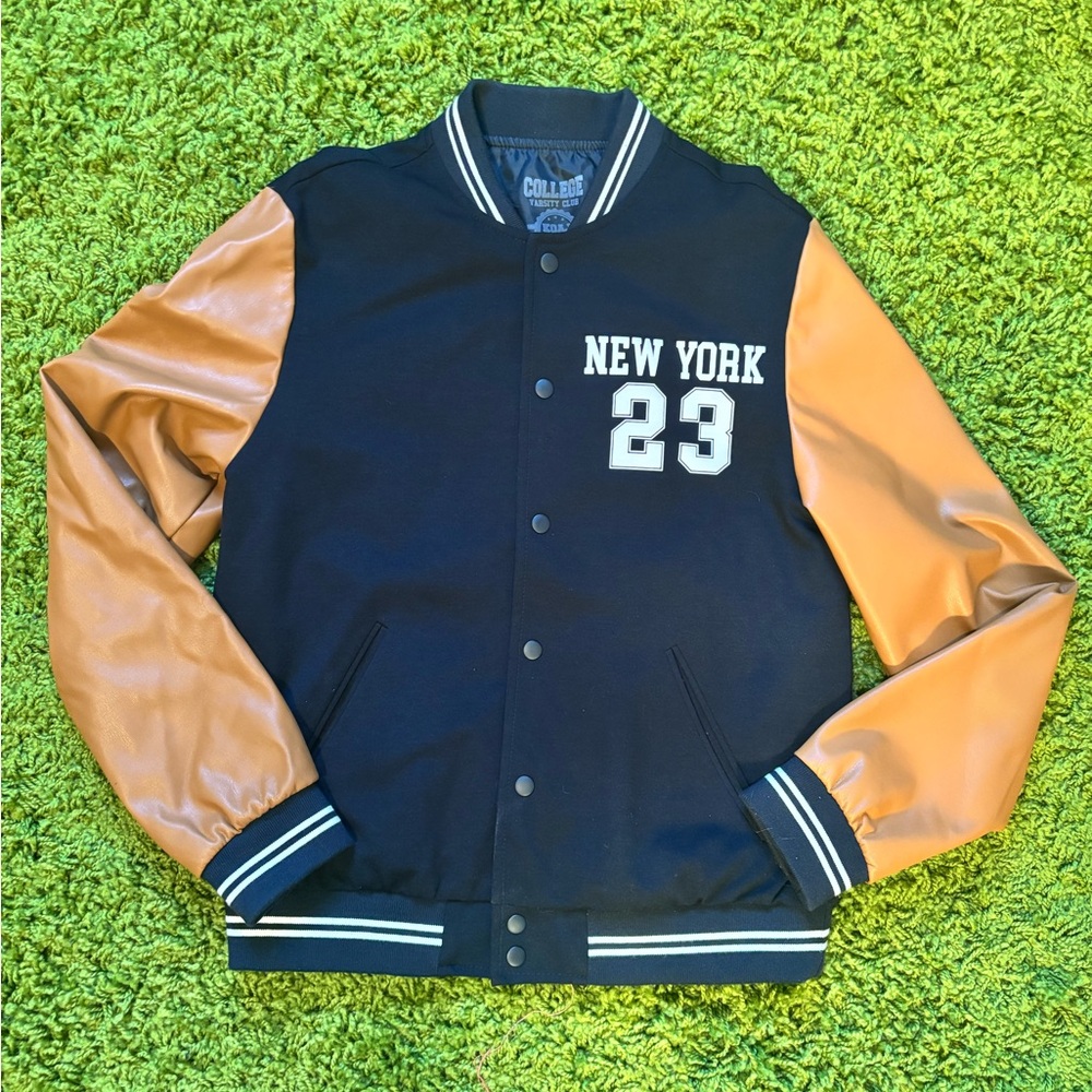Black and tan faux leather varsity jacket